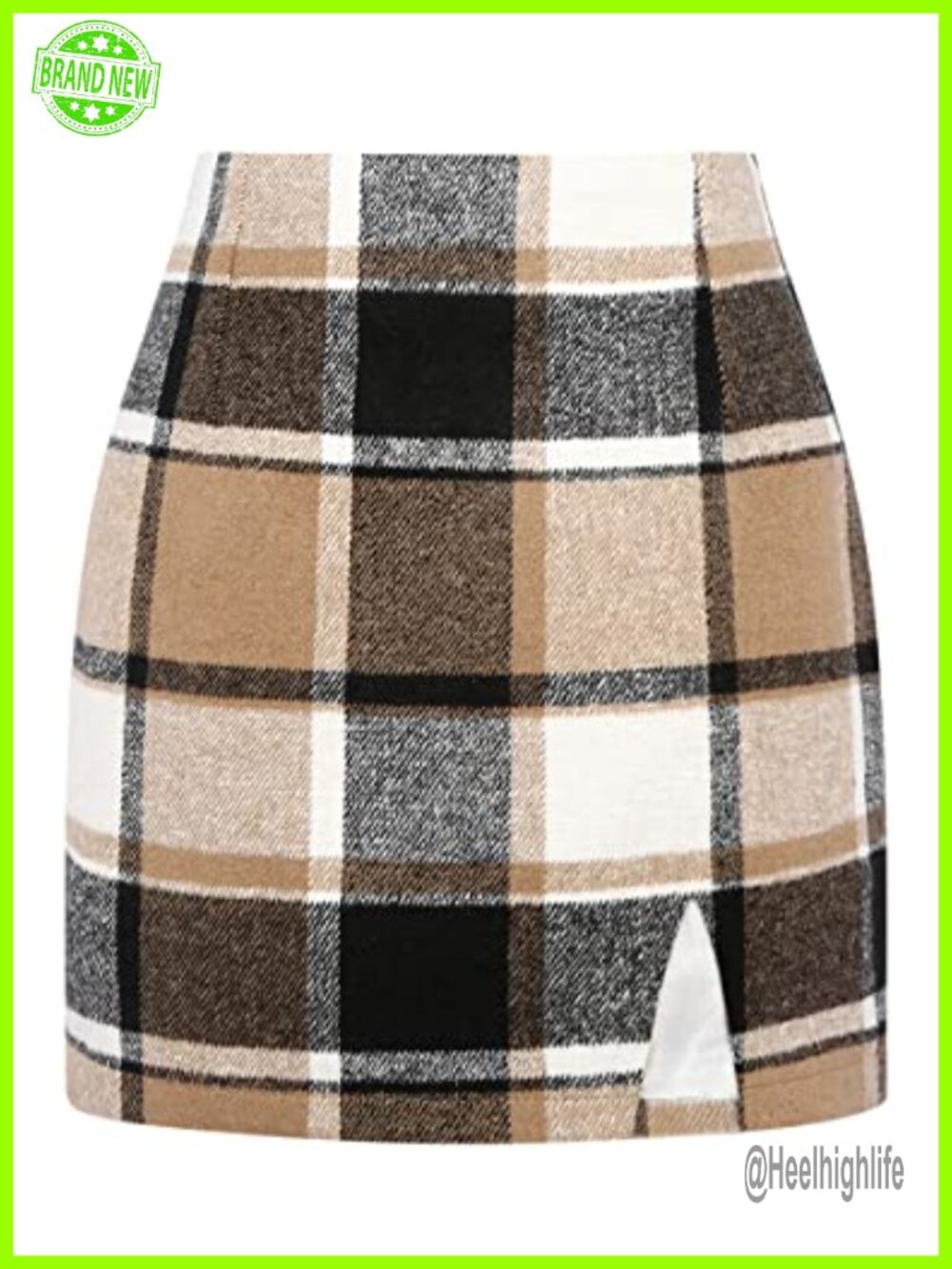 High Waisted Plaid Wool Blend Mini Pencil Skirt with Slit